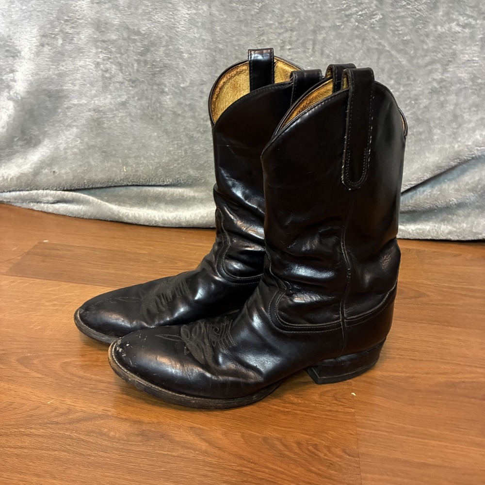 Vtg Tony Lama Mens Traditional Western Roper Boots 8.5D Black Leather USA Made
